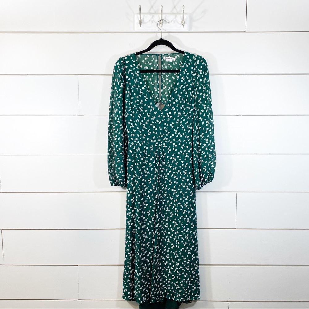 REFORMATION Joy Green Floral LS Midi Dress Size 8 - Picture 3 of 11